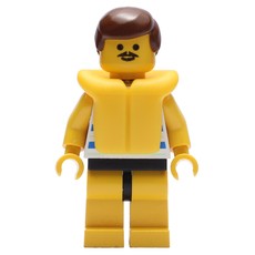 Man, Blue and White Striped Swimsuit, Brown Hair, Yellow Life Vest, Moustache (fig-008694)