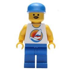 Man, White Tank Top with Windsurfer, Blue Legs, Blue Cap, Moustache (fig-008698)
