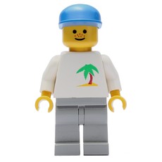Man, White Top with Desert Island, Light Gray Legs, Blue Cap (fig-008713)