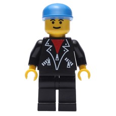 Man, Open Black Jacket over Red Shirt, Black Legs, Blue Cap (fig-008721)