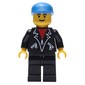 Man, Open Black Jacket over Red Shirt, Black Legs, Blue Cap