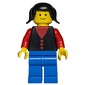 Woman, Black Vest over Red Top, Blue Legs, Black Hair