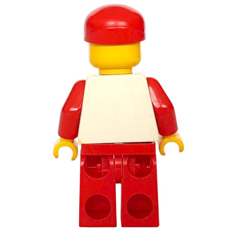 LEGO Set Man, White Cap - fig-008747 and Legs, Striped Red LEGO Shirt, Rebrickable Build | with Red Red