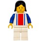 Woman, White Top with Large Red Stripe and 2 Blue Stripes, White Legs, Black Hair