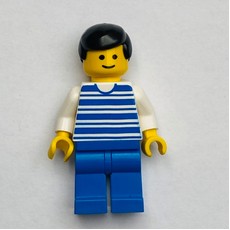 Man, White and Blue Striped Shirt, Blue Legs, Black Hair (fig-008816)