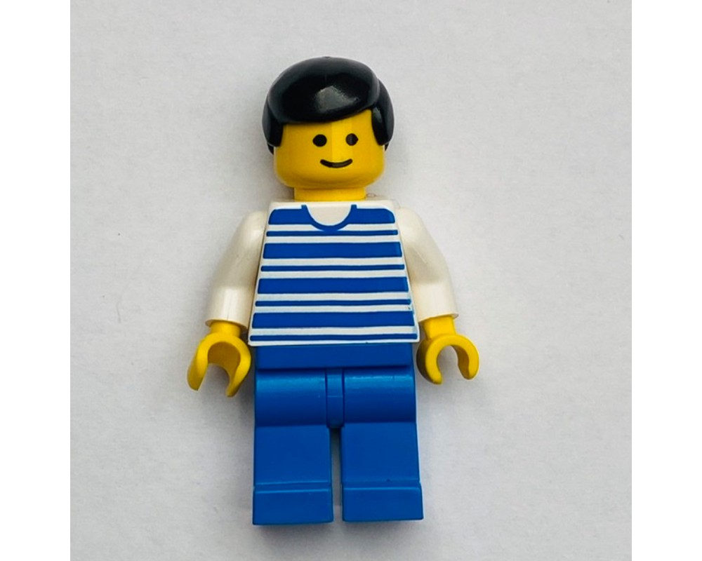 Lego Set Fig-008816 Man, White And Blue Striped Shirt, Blue Legs, Black 