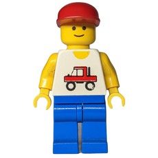 Man, White Vest with Truck, Blue Legs, Red Cap (3626b Head) (fig-008820)