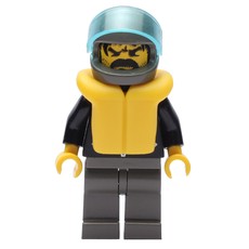 Man, Open Black Jacket over Red Shirt, Light Gray Legs, Helmet and Visor, Yellow Life Vest (fig-008823)