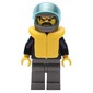 Man, Open Black Jacket over Red Shirt, Light Gray Legs, Helmet and Visor, Yellow Life Vest
