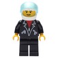 Man, Open Black Jacket over Red Shirt, Black Legs, Helmet and Visor