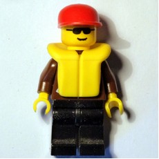 Man, Brown Jacket, Black Legs, Red Cap, Yellow Life Vest, Sunglasses (fig-008827)
