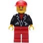 Man, Open Black Jacket over Red Shirt, Red Legs, Red Cap