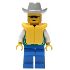 Man, Green Jacket, Blue Legs, Light Gray Cowboy Hat, Yellow Life Vest, Sunglasses (fig-008835)