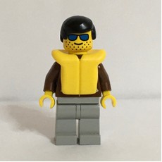 Man, Brown Jacket, Light Gray Legs, Black Hair, Yellow Life Vest, Blue Sunglasses (fig-008845)
