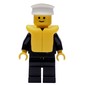 Policeman, Black Jacket with Zipper and Badge, White Hat, Yellow Life Vest