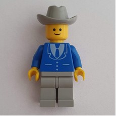 Man, Blue Jacket with Tie and Three Buttons, Light Gray Legs, Light Gray Cowboy Hat (3626b Head) (fig-008853)