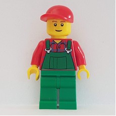Man, Green Overalls over Red Shirt, Red Cap, Brown Eyebrows, Reddish Brown Eyebrows (fig-008880)