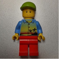 Man, Medium Blue Shirt with Palm Trees and Sunset, Red Legs, Lime Cap (fig-008884)