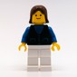 Woman, Black Vest over Blue Top, White Legs, Brown Hair