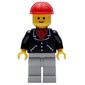 Man, Black Jacket over Red Shirt, Light Gray Legs, Red Hard Hat