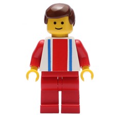 Man, White Top with Large Red Stripe and 2 Blue Stripes, Red Legs, Brown Hair (3626a Head) (fig-008983)