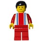 Man, White Top with Large Red Stripe and 2 Blue Stripes, Red Legs, Black Hair