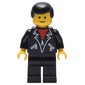 Man, Open Black Jacket over Red Shirt, Black Legs, Black Hair