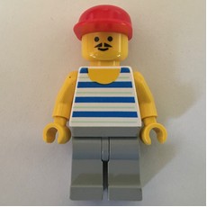 Man, Blue and White Striped Tank Top, Light Gray Legs, Red Cap, Moustache (fig-009023)