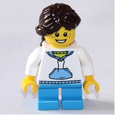 Kid - White Torso, Dark Azure Legs, Dark Brown Hair (fig-009269)