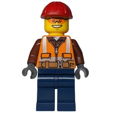 Construction Worker, Orange Safety Vest with Zipper over Reddish Brown Shirt, Dark Blue Legs, Red Hard Hat, Orange Safety Glasses (fig-009276)