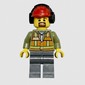 Train Worker, Orange Safety Vest with Train Logo over Olive Green Hoodie, Dark Bluish Gray Legs, Red Hard Hat with Ear Defenders, Goatee Beard