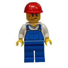 Man, Blue Overalls over White V-Neck Shirt, Red Hard Hat, Stubble and Scar (3626b Head) (fig-009279)