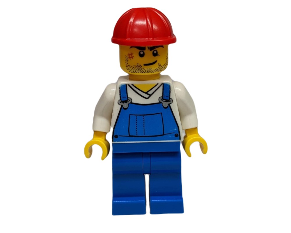 LEGO Set fig-009279 Man, Blue Overalls over White V-Neck Shirt, Red ...