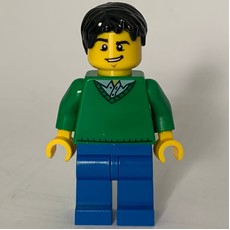 Man, Green V-Neck Sweater, Blue Legs, Black Hair (fig-009283)