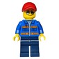 Man, Blue Jacket with Orange Stripes, Dark Blue Legs, Red Cap, Sunglasses
