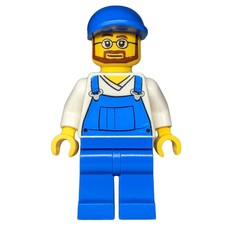 Man, Blue Overalls over White V-Neck Shirt, Blue Cap, Beard and Glasses (fig-009292)