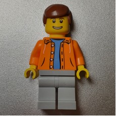 Man, Open Orange Jacket over Light Blue Shirt, Reddish Brown Hair (fig-009296)