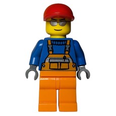 Construction Worker, Orange Overalls over Blue Sweater, Red Cap, Silver Sunglasses (fig-009300)