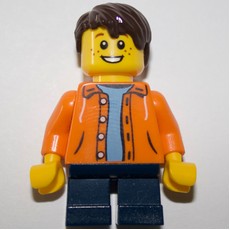 Kid - Orange Torso, Dark Blue Legs, Dark Brown Hair (fig-009354)