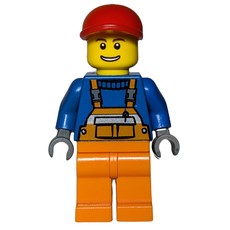 Construction Worker, Orange Overalls over Blue Sweater, Red Cap (fig-009403)