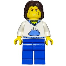 Man, White and Blue Hoodie, Blue Legs, Dark Brown Hair (fig-009405)