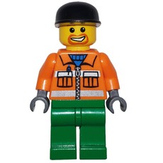 Construction Worker, Orange Jacket with Zipper and Reflective Stripes, Green Legs, Black Cap, Goatee Beard (fig-009406)