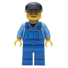 Man, Blue Overalls over Shirt, Blue Legs, Black Cap, Glasses (fig-009409)