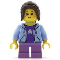 Girl, Open Bright Light Blue Hoodie over Dark Purple Shirt with Star, Short Medium Lavender Legs, Dark Brown Hair (fig-009426)