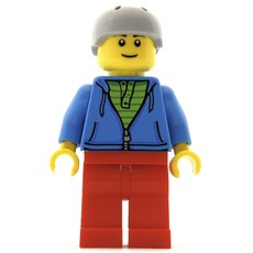Man, Open Dark Azure Hoodie over Lime Shirt, Red Legs, Light Bluish Gray Helmet (fig-009427)