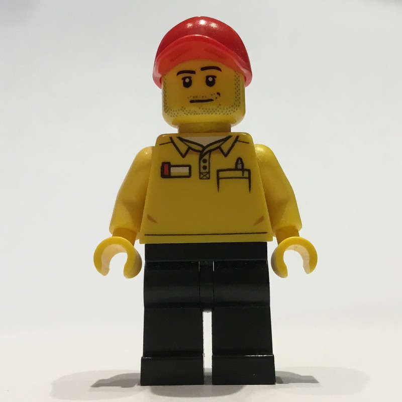 LEGO Set fig-009443 LEGO Store Employee, LEGO Logo on Back, Red