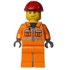 Construction Worker, Orange Jacket with Zipper and Reflective Stripes, Orange Legs, Red Hard Hat, Stubble (fig-009452)