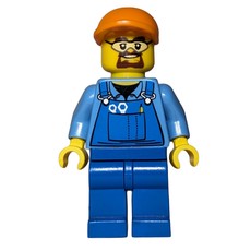 Man, Blue Overalls over Shirt, Blue Legs, Orange Cap, Safety Glasses and Goatee Beard (fig-009454)