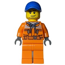 Construction Worker, Safety Jacket over Hoodie with Belt, Orange Legs, Blue Cap, Stubble (fig-009544)