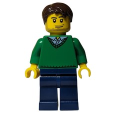 Man, Green V-Neck Sweater, Dark Blue Legs, Dark Brown Hair, Stubble (fig-009552)